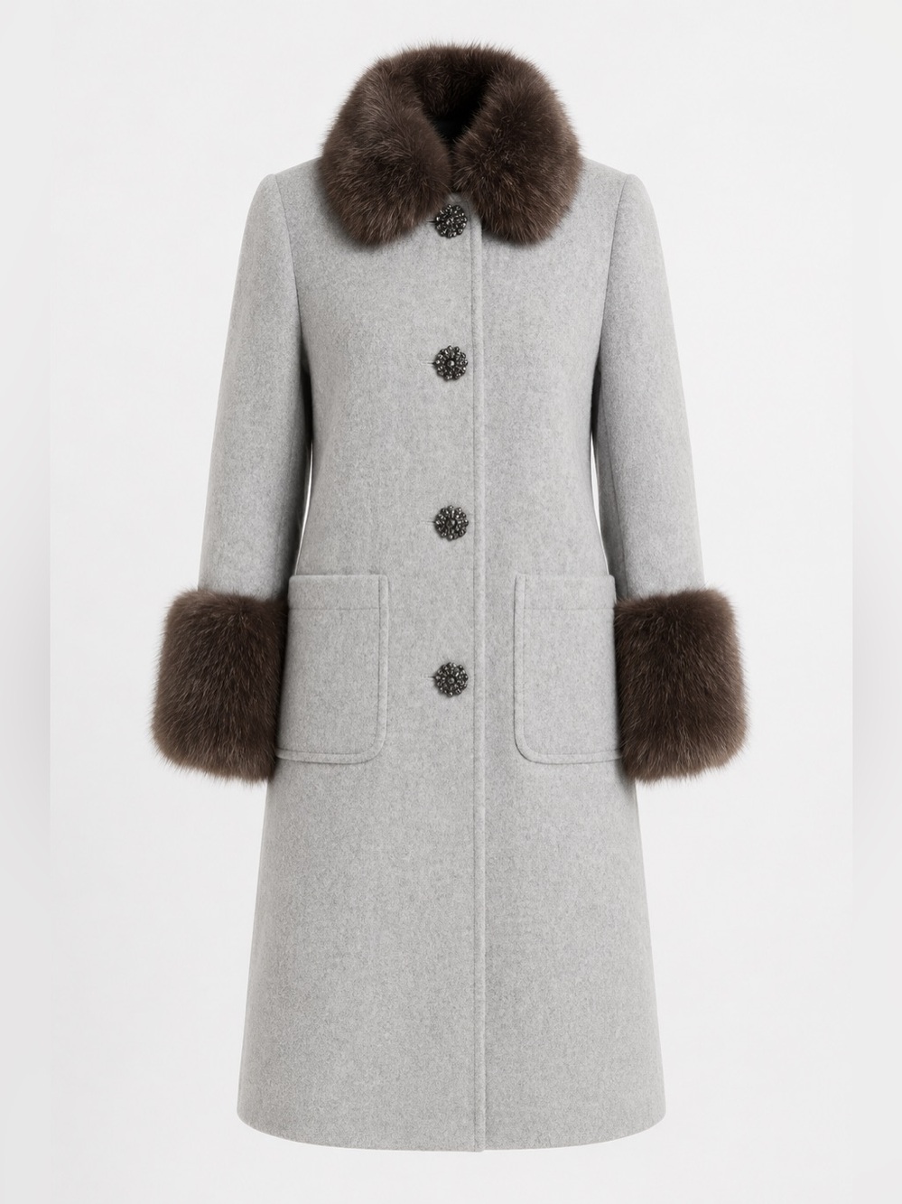 Kate Spade New York Grey Wool Winter Coat W/Faux Fur Size 14 EUC